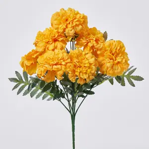 Yellow Silk Marigold Blooms Faux Bush Stem Bouquet - 12"