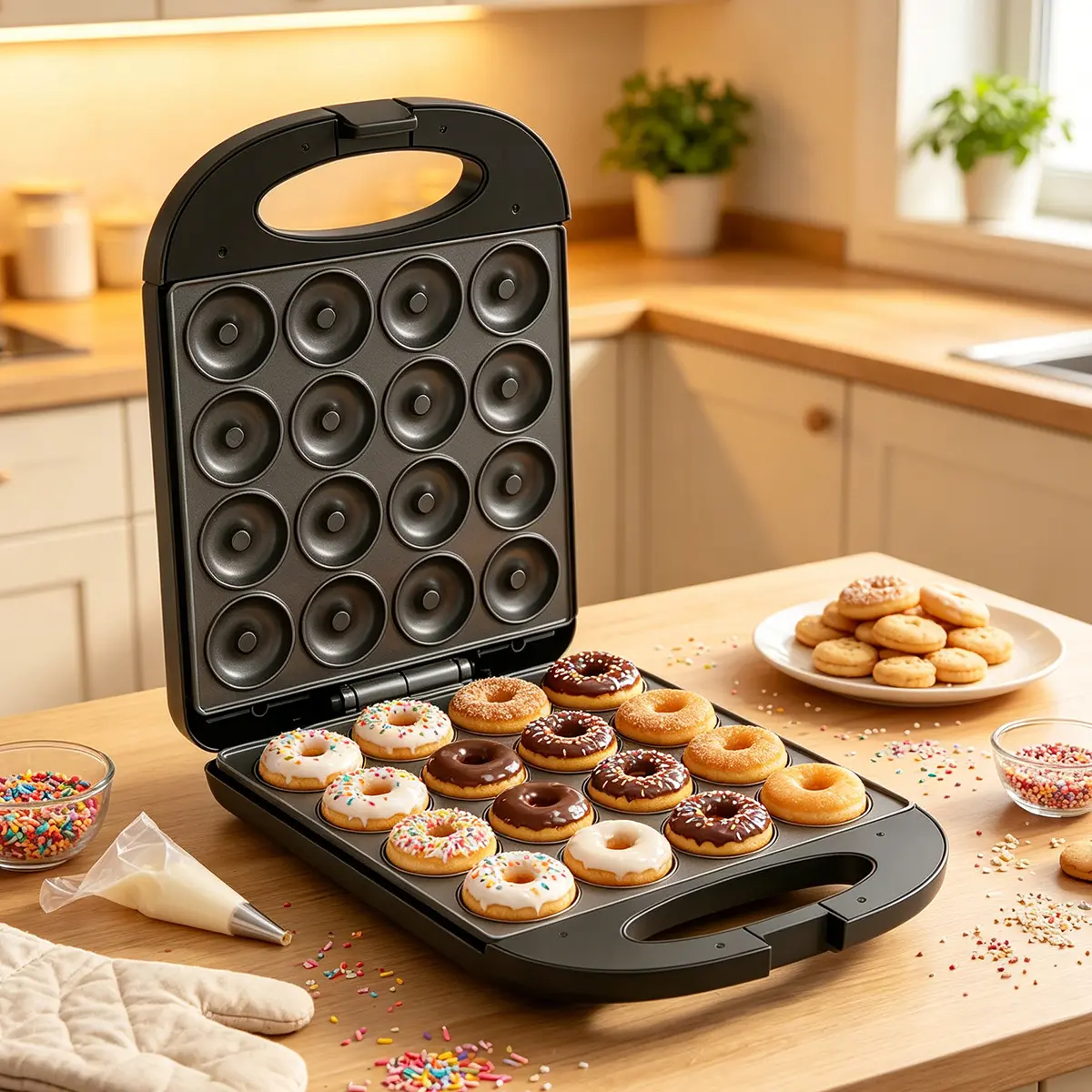 16-Cavity Nonstick Mini Donut Maker, 1200W | Multifunctional Breakfast Snack Machine for Kids — Makes Homemade Mini Donuts and Pancakes