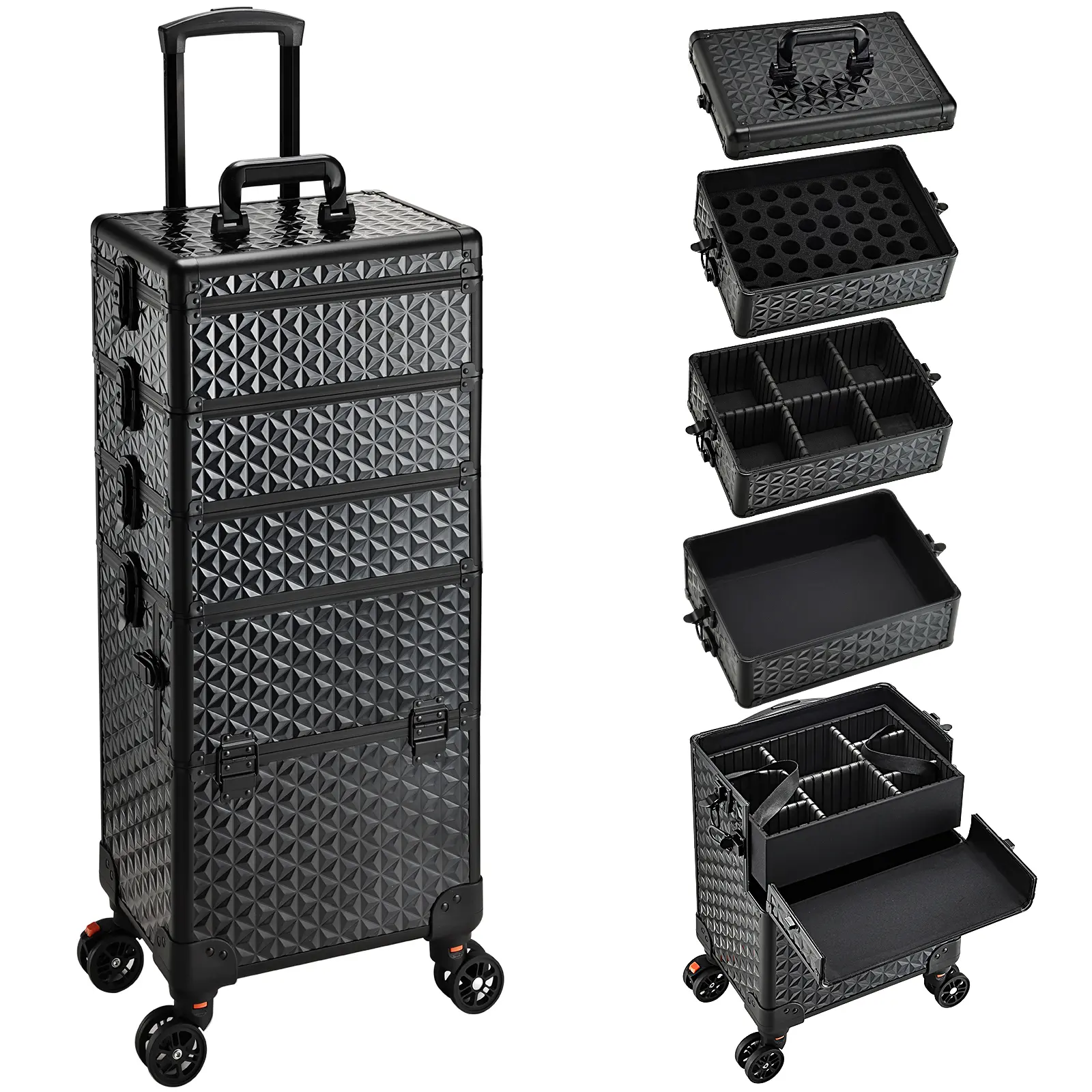 Professional 5 in1 Rolling Makeup Train Case Extra Large Cosmetology Trolley Nail Cart Travel Makeup Organizer Box with 360° Swivel Wheels