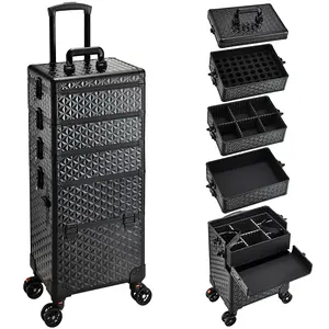 Professional 5 in1 Rolling Makeup Train Case Extra Large Cosmetology Trolley Nail Cart Travel Makeup Organizer Box with 360° Swivel Wheels