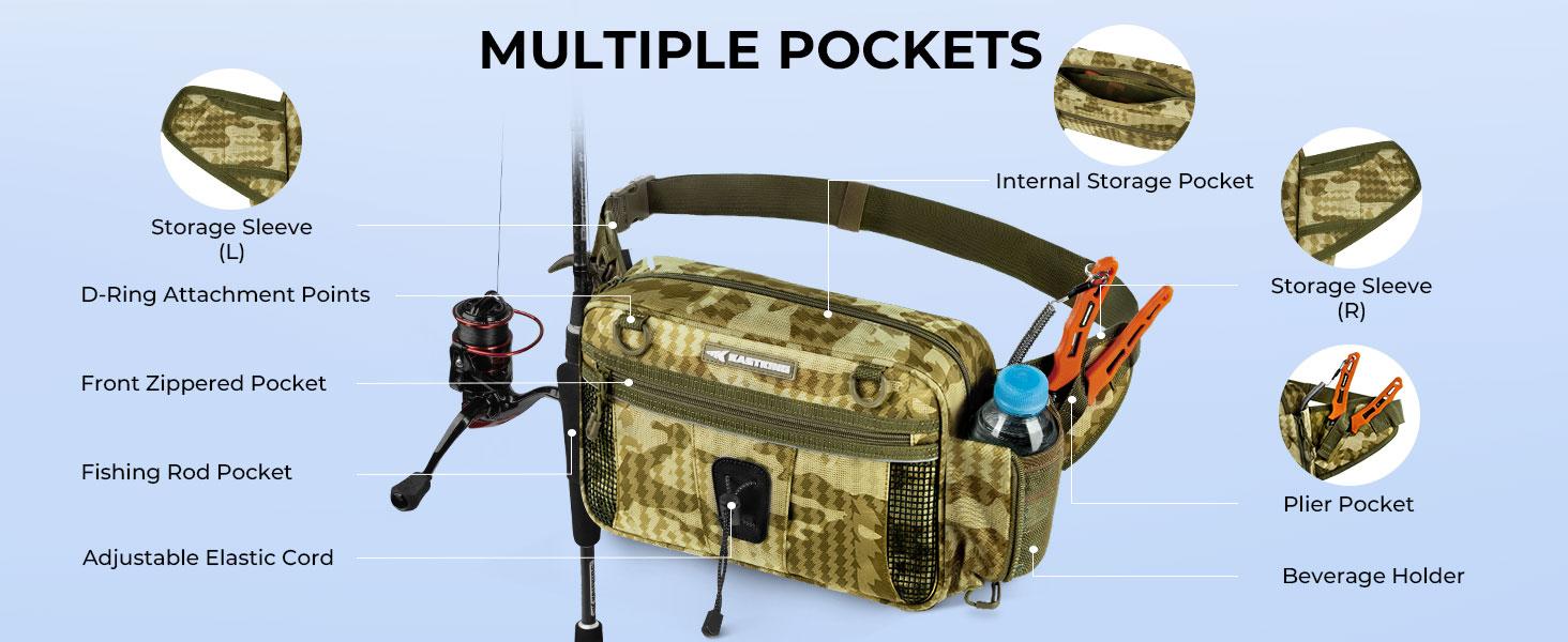 KastKing BaitSpace Waist Bag – Waterproof Tackle Storage Bag With Adjustable Belt, Fishing Fanny Pack for Men, Soft Bait Organizer, 3600 Utility Box, Rod Holder