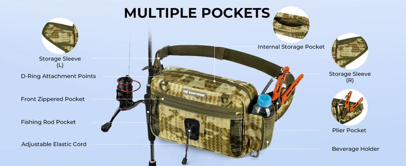 KastKing BaitSpace Waist Bag – Waterproof Tackle Storage Bag With Adjustable Belt, Fishing Fanny Pack for Men, Soft Bait Organizer, 3600 Utility Box, Rod Holder