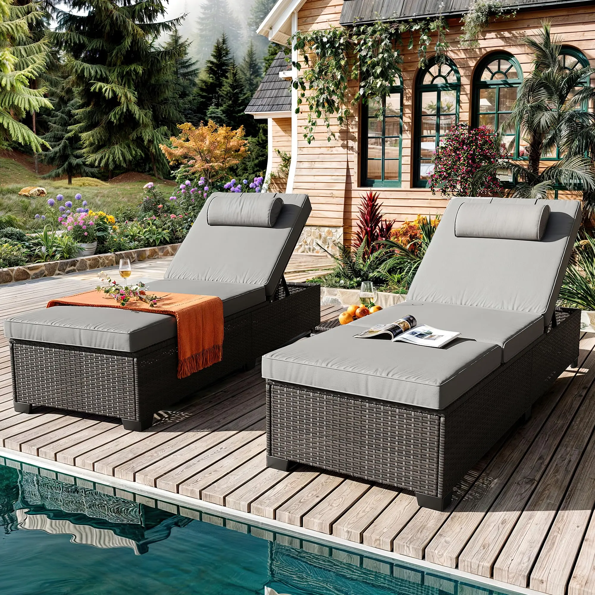 Set of 2 Adjustable PE Wicker Chaise Lounge Chairs, Outdoor Reclining Sun Loungers with Thick Cushions and Removable Side Table, All-Weather Rattan Pool Lounge Furniture for Poolside Deck Garden Backyard