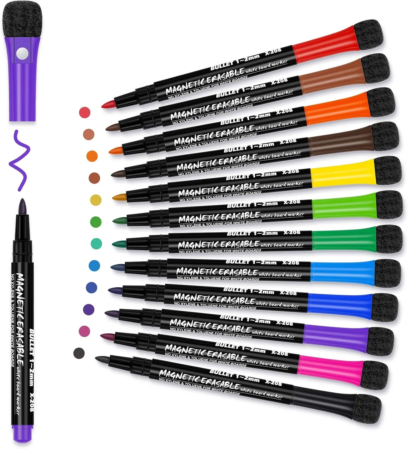 Magnetic Fine-Point Fast-Drying Low-Odor Dry Erase Markers, 12-Color Assorted Set with Felt Eraser Caps, Back to School Haul Office Stationery for Teachers, Works on Glass & Metal, Easy to Erase for Creative Projects