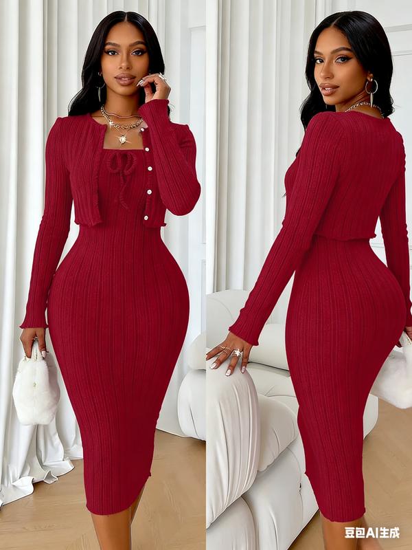 Women's Solid Button Front Crop Cardigan &Ribbed Bodycon Dress Two-piece Set,CasualFashion Cozy Two Piece Outfits for Daily OutdoorWear, Women Clothes for Spring