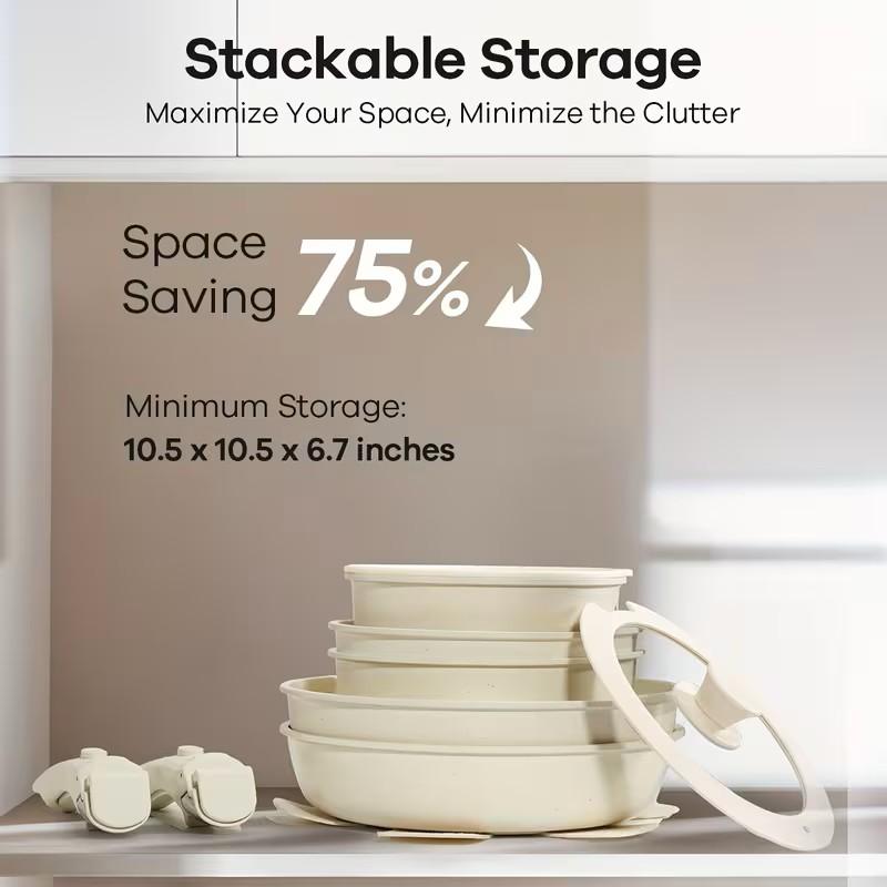 Ganiza 27pcs Nonstick Cookware Set Pots Non Toxic Cookware Sets Induct Pots And Pans with Removable Handles Cooking Set Oven/Dishwasher Safe Including Frying Pans Sauce Pans Beige Gifts