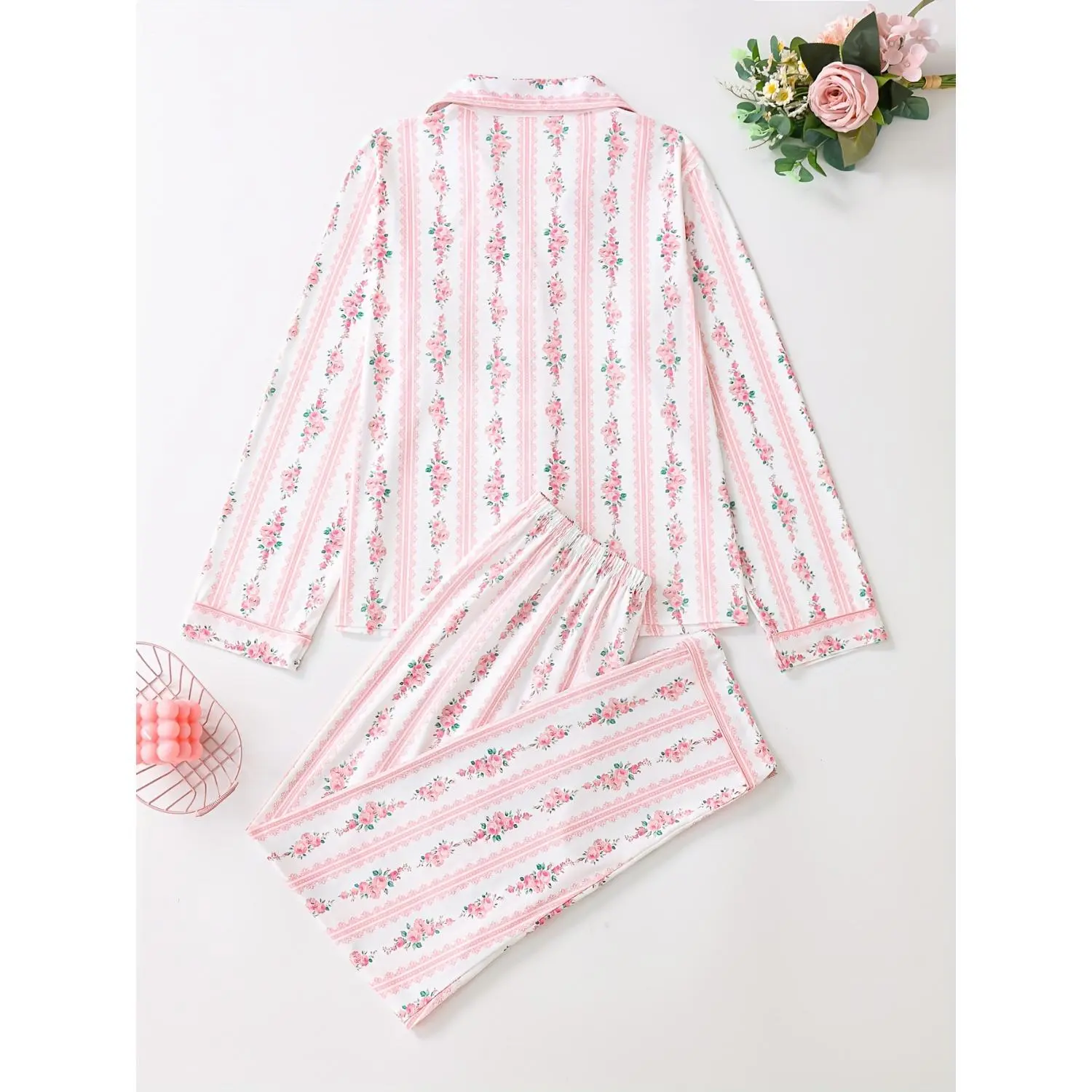 Two-Piece Pink Striped Fresh Floral Long Women's Pajama Set with Lapel Button- Long Sleeves and Comfortable Pants, Elegant Ladies' Sleepwear