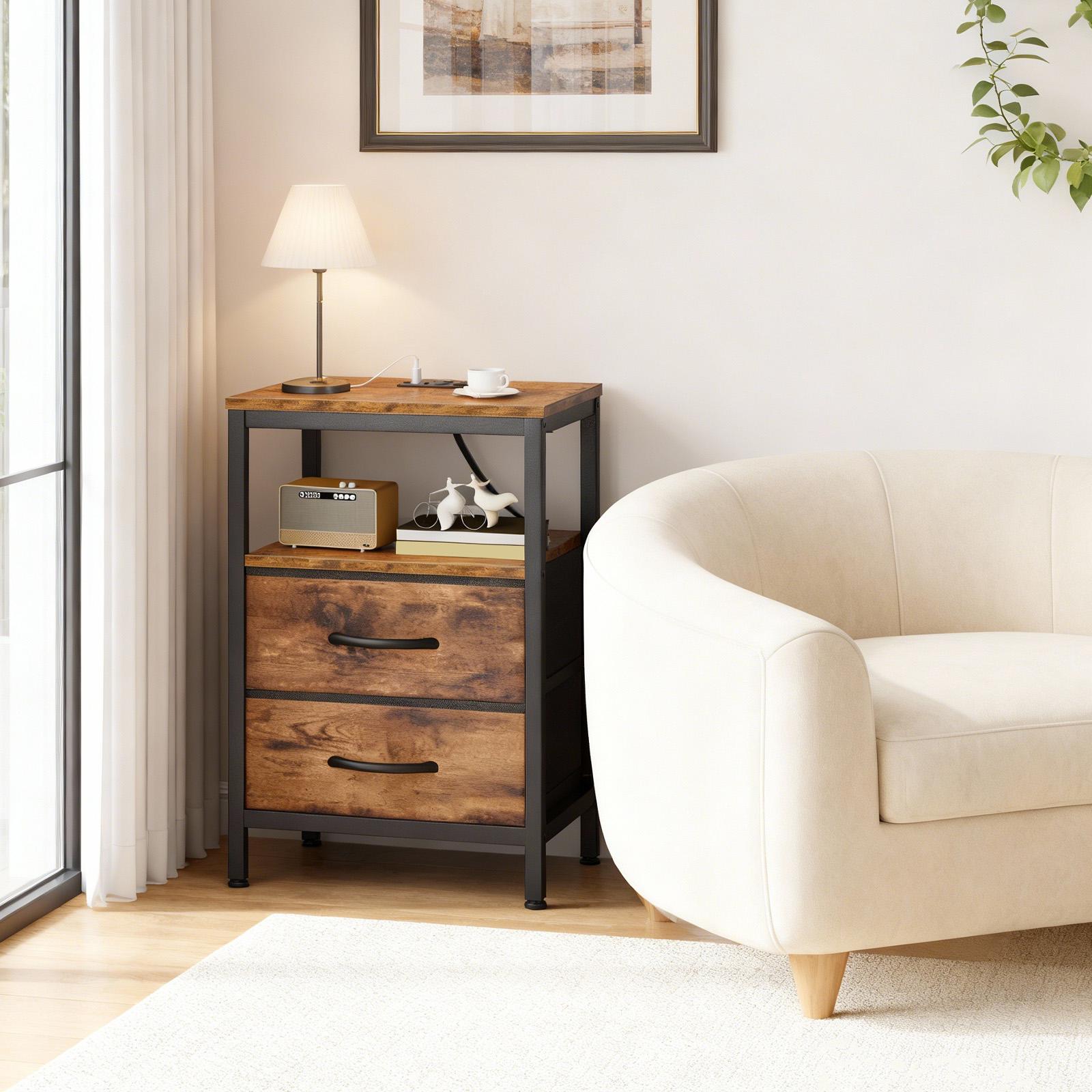 Fast Charging Bedside Table with 2 Fabric Drawers - Multi-Function Adjustable Storage Nightstand, 66 lb Load Capacity, Portable Side Table for Bedroom & Small Spaces