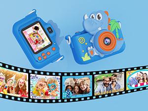 KOKODI Dinosaur Fun Camera Toy for Kids 1080P Dual Camera 32GB SD Card Selfie Photos Puzzle Games MP3 Music Player with 28 Cartoon Stickers & 6 Filters Ideal Christmas Birthday Gift Protective