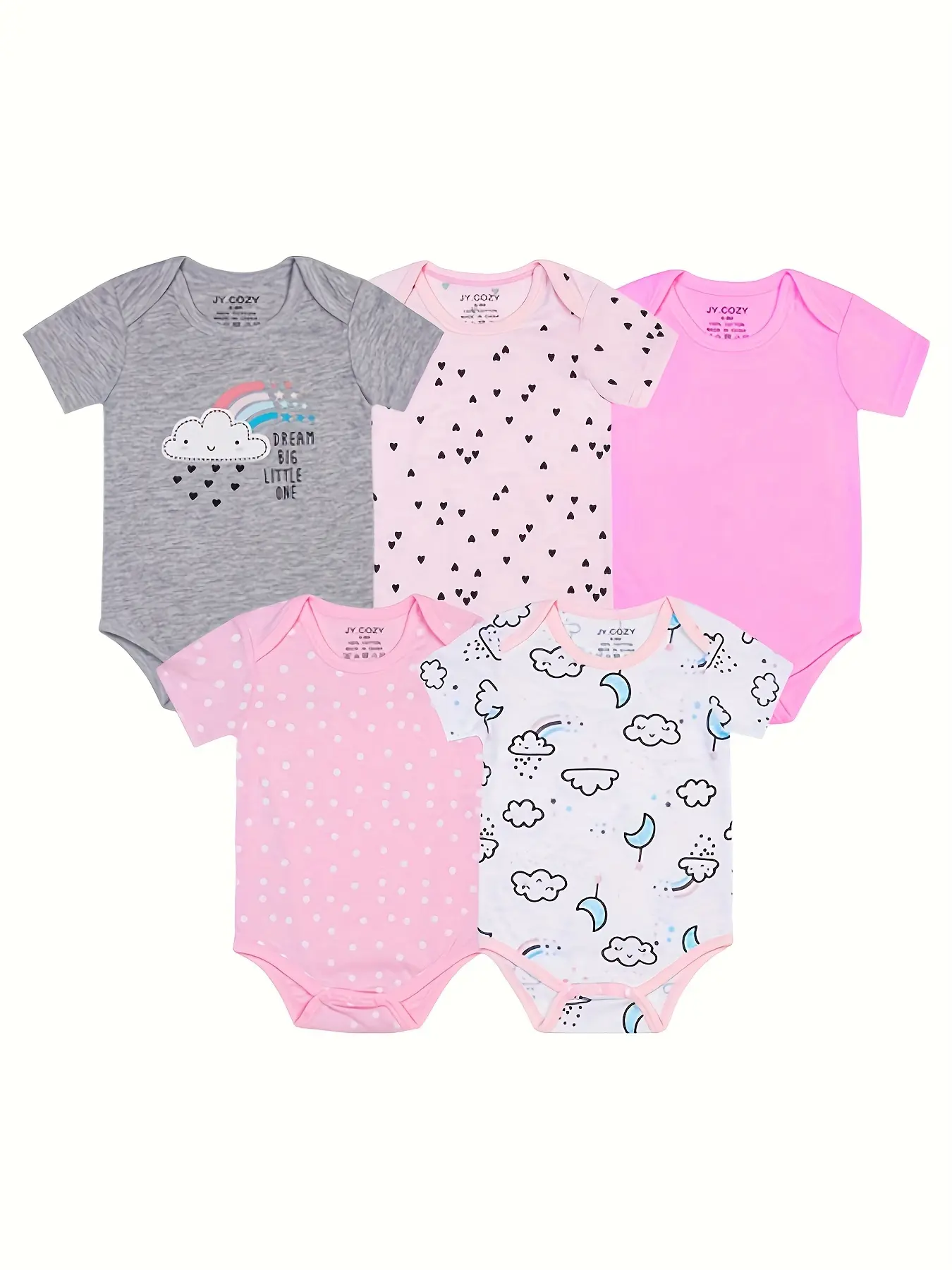 JY.COZY Baby Girl Clothing, Organic Cotton 5-Piece Pink & Gray Bodysuit Set, Newborn-Infant Homewear Pajamas Rompers, Baby Clothing, Newborn Onesies, Rompers Set, Bodysuit Pack, Hypoallergenic, Unisex, Cute Look, Cotton Bodysuits Newborn Outfits
