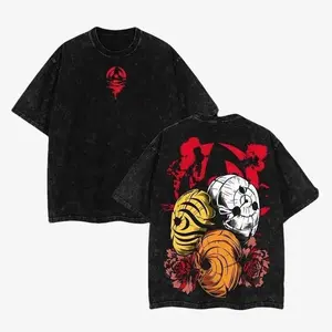 Obito Uchiha Mask Akatsuki x Naruto Anime Washed Cotton T-Shirt Double Printed Graphic Tee for Men Anime Merch Gift for Obito Fans Manga Lovers
