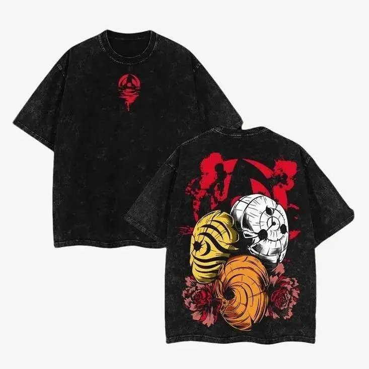 Obito Uchiha Mask Akatsuki x Naruto Anime Washed Cotton T-Shirt Double Printed Graphic Tee for Men Anime Merch Gift for Obito Fans Manga Lovers