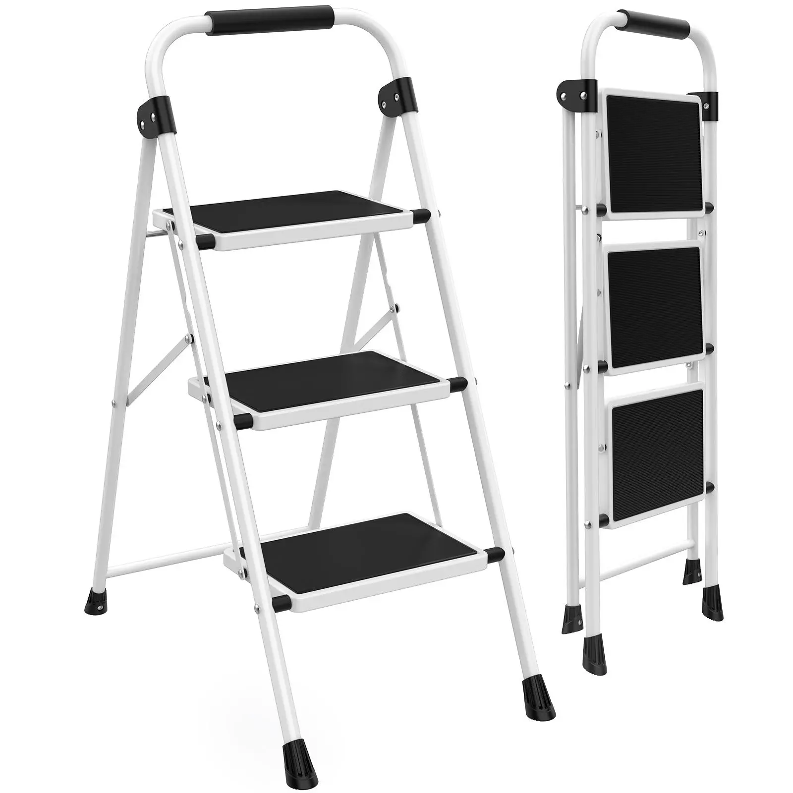 Steel Frame 4-Tier Step Ladder - Sturdy Foldable Step Stool for Home, Office, Maintenance, Anti-Slip Pedals, Comfortable Handrails, 330-Pound Load-Bearing Capacity (Ideal for Reaching High Shelves)