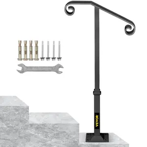 【FathersDayGift】VEVOR Handrails for Outdoor Steps,  , Fit 1 or 2 Steps Outdoor Stair Railing, Single Post Wrought Iron Handrail, Gray Transitional Porch Railings for Concrete Steps or Wooden Stairs with Base