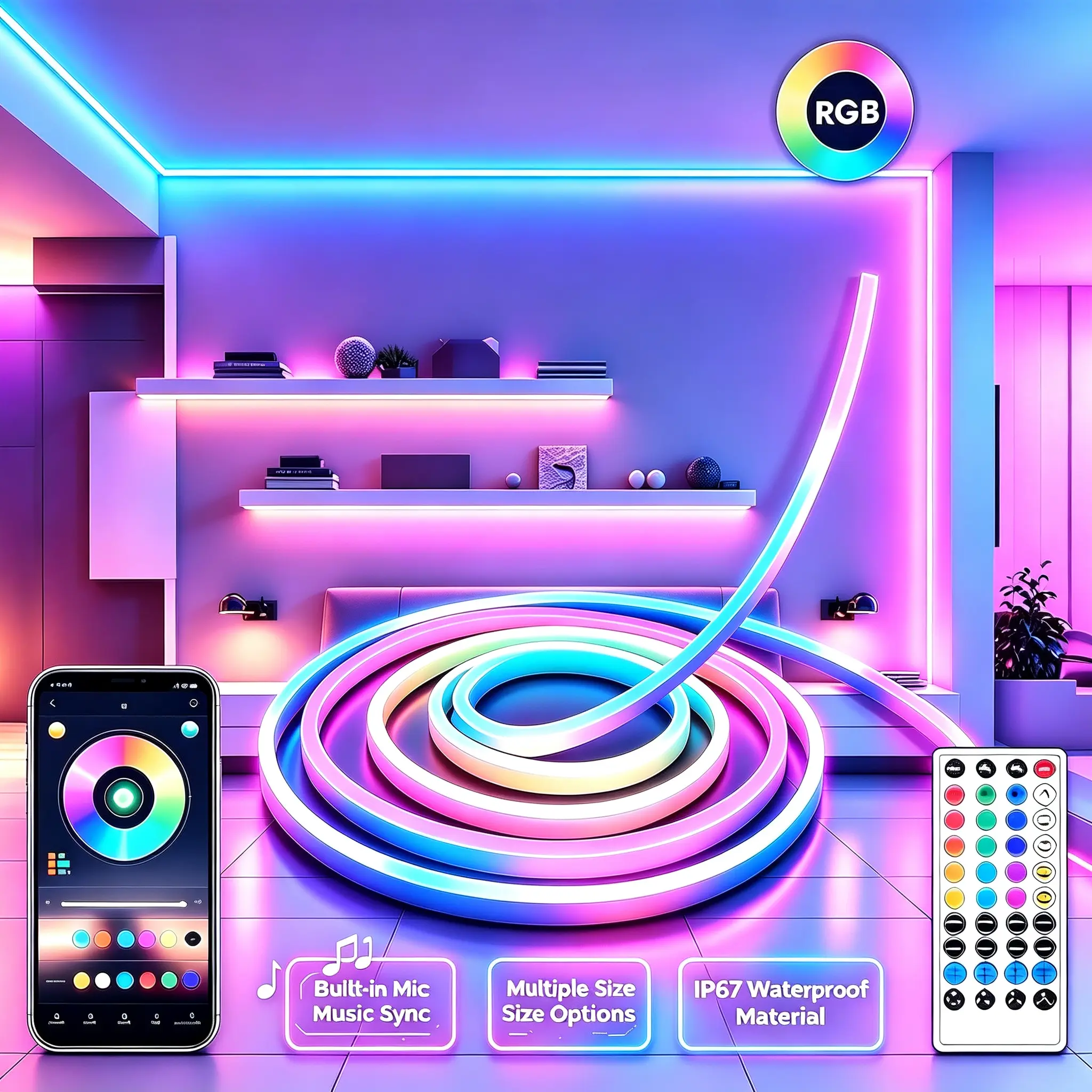 KEYDOORS RGB Neon Rope LED Strip Lights, IP67 Waterproof, 40-Key Remote Control, Music Sync, DIY Design, Multiple Modes, LED Lights for Bedroom, Holiday Decoration