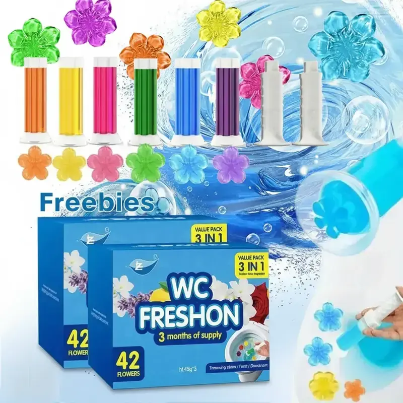 Classic toilet jelly 6-Pack Toilet Gel Stamps 84 Count, Flower Air Freshener, 6 Fragrances, 2 Dispensers, Anti-Scale & Toilet Ring Prevention outdoorfun Scented Clean Mildew Resistant Mildew Resistant Home Cleaning Products Multi Surface Cleaner