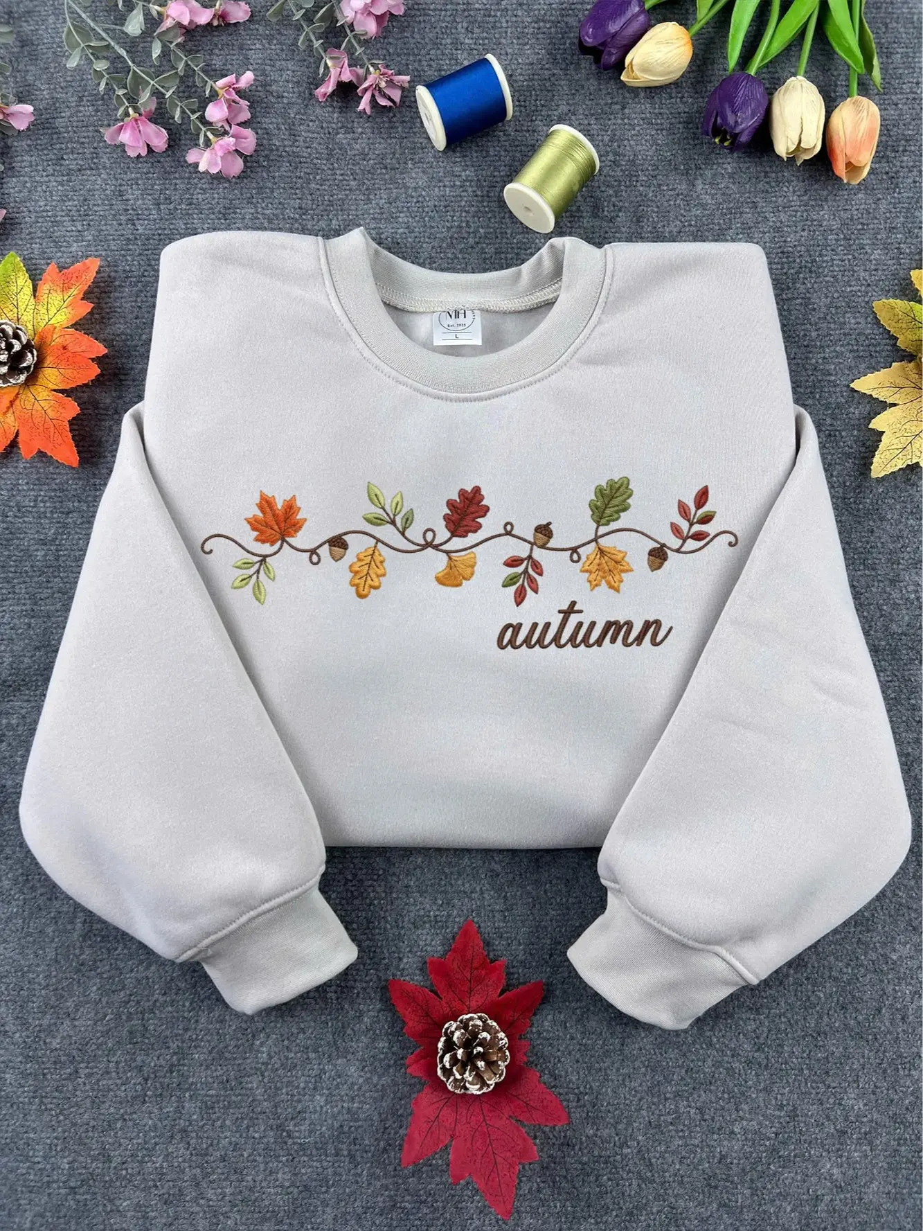 Embroidered Autumn Leaves Sweatshirt, Cute Fall Season Crewneck , Minimalist Maple Leaf Beige Pullover, Thanksgiving Gift