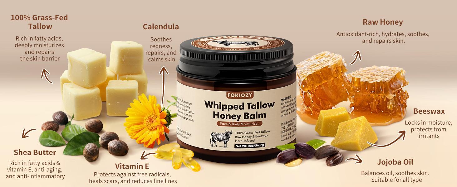 Fokiozy Whipped Beef Tallow & Raw Honey Balm - 2oz,Ultra-Nourishing All-Natural Face Cream, Body Lotion & Lip Balm,Grass-Fed & Organic Ingredients,for Intense Hydration and Repair,Christmas gifts,New Year's gifts