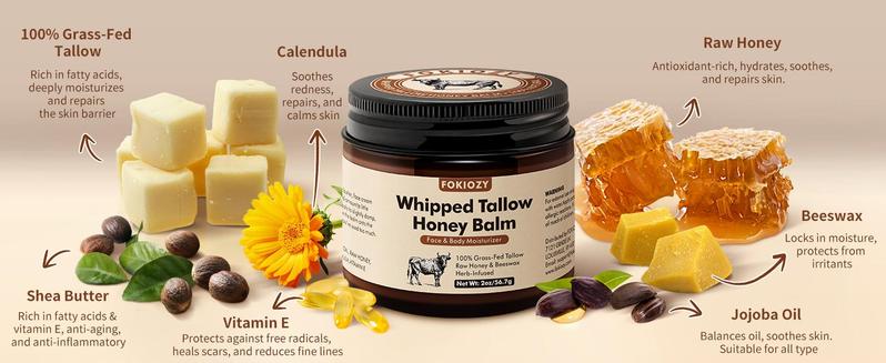 Fokiozy Whipped Beef Tallow & Raw Honey Balm - 2oz,Ultra-Nourishing All-Natural Face Cream, Body Lotion & Lip Balm,Grass-Fed & Organic Ingredients,for Intense Hydration and Repair,Christmas gifts,New Year's gifts
