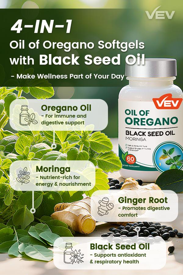 VEV Oil of Oregano, with Black Seed Oil, Moringa and Ginger, Carvacrol-Rich, Aceite de Oregano, Edible Healthcare Dietary, 60 Softgels