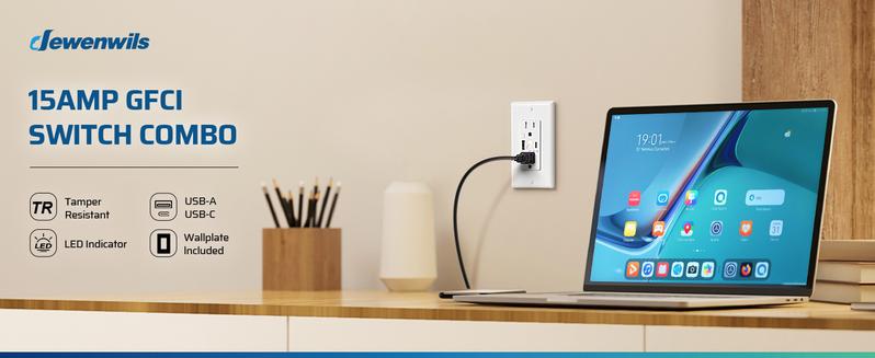 DEWENWILS USB Outlet with LED Night Light, 5V 4.8A Tamper-Resistant Wall Outlets with USB-A & USB-C Ports, Wall Plate for Kitchen, Bathroom, Office, White