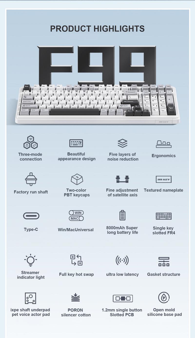 AULA F99 Tri-Modes Wireless Mechanical Gaming Keyboard, 2.4G Bluetooth Compatible Gasket Hot Swappable Custom Keyboard,Pre-lubed Linear Switches,Ergonomic,RGB Rainbow Backlit Creamy  Keyboards Numpad Office Computer Accessories TikTokShopfalldealsforyou