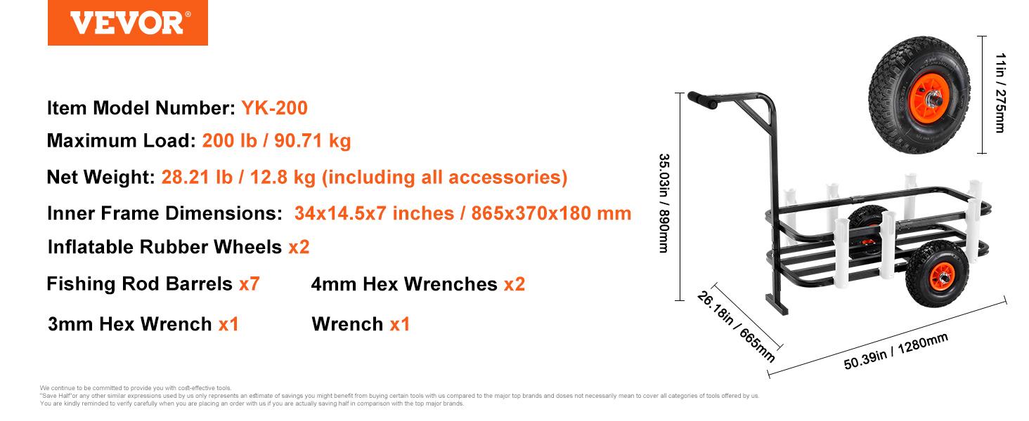 VEVOR Beach Fishing Cart, 200 lbs Load Capacity, Fish and Marine Cart with Two 11" Big Wheels Rubber Balloon Tires for Sand, Heavy-Duty Steel Pier Wagon Trolley with 7 Rod Holders for Fishing, Picnic folding wagoncart