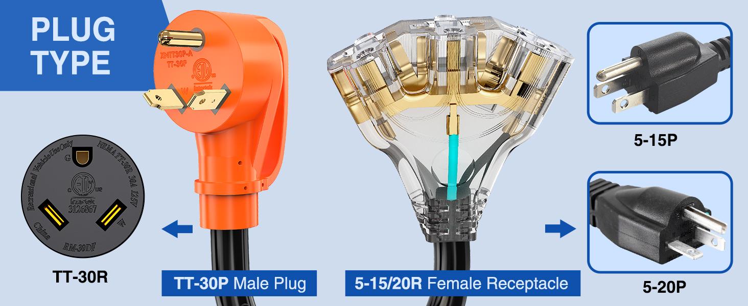 Nilight 30 Amp to 110V RV Adapter Cord 30 A to 15A RV Distribution Adapter Cord 3 Prong TT-30P Male to 3X 5-15R/5-20R Female ETL Listed for RV Camper Generator Household Outlet extension