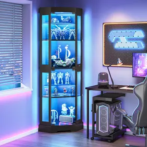 HOOBRO Corner Display Cabinet with Glass Doors, Corner Cabinet with 3 Color LED Lights, Curio Storage Cabinet with Adjustable Shelves, Bookcase, for Living Room, Hallway, Bedroom, Black