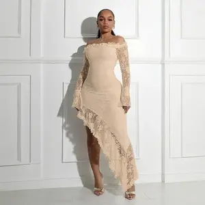 Women's Formal Beige Lace Dress Off - Shoulder, Long Sleeves, Asymmetric Ruffled Hem Wedding Guest Dresses