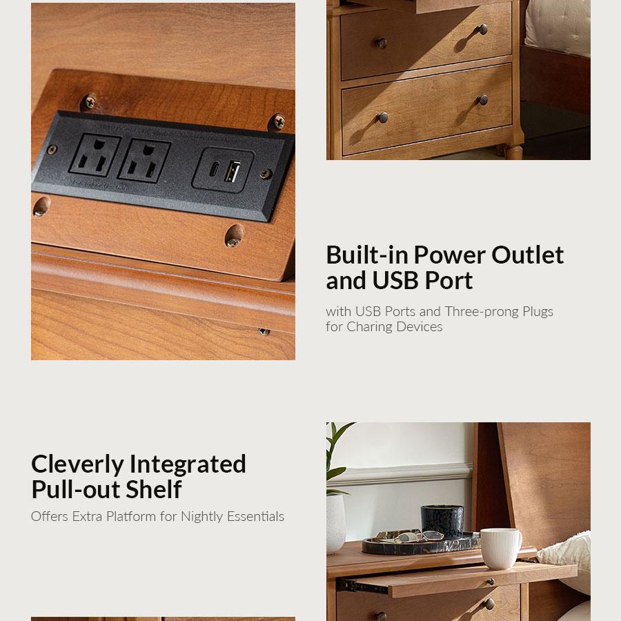 HULALA HOME Griselda Transitional 3-Drawer End Table with Hidden Compartment, Pull-Out Tray & Power Outlet  Solid Wood,Table