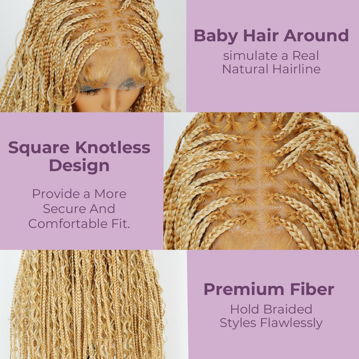 Spring Musts #T274/614 36 Inches Full Lace Premium Synthetic Fiber Bohemian Box Braided Wigs Knotless SuperNova Hair Ash Blonde Wig DM to Pre-cut Lace