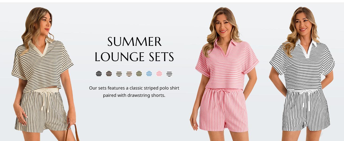 Cicy Bell Womens Striped 2 Piece Short Sets Summer Short Sleeve Collared V Neck Cropped Tops Vacation Casual Lounge Outfits