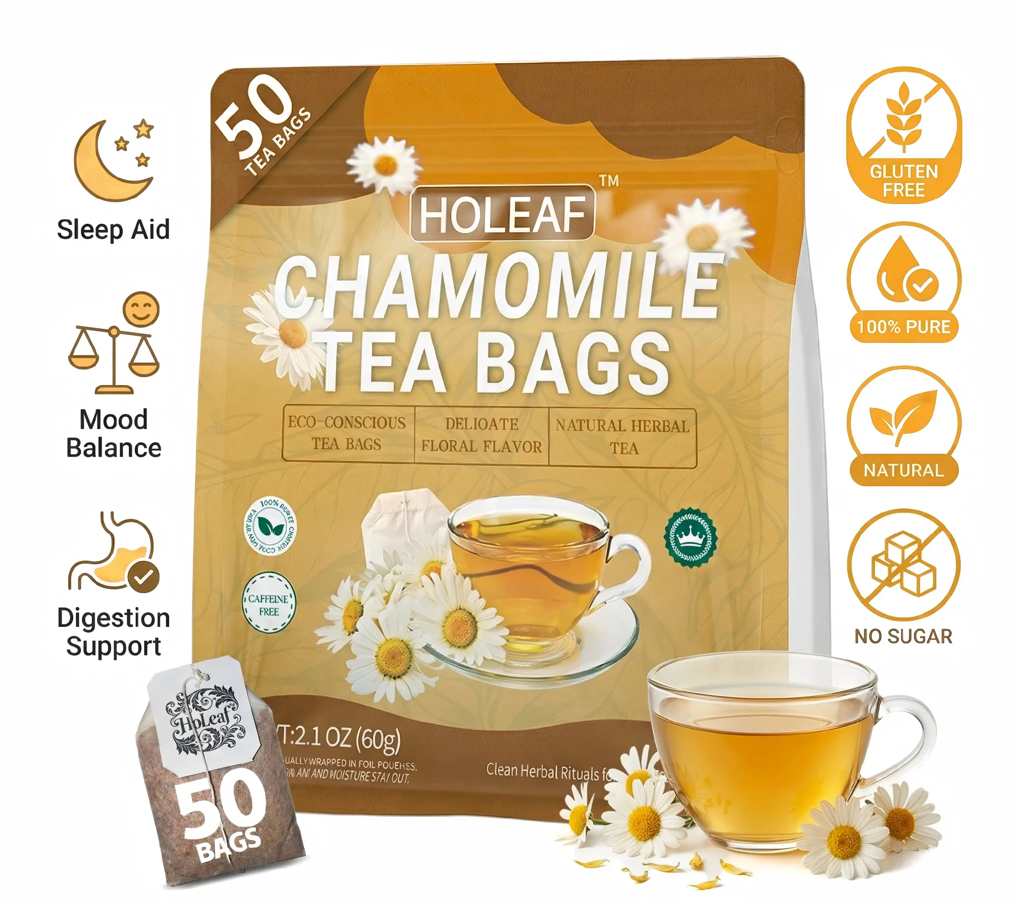 HoLeaf 100% Natural Chamomile Tea | 50 Individually Wrapped Bags | Caffeine-Free Bedtime Relaxation Tea | Eco-Friendly & Smooth Herbal Tea