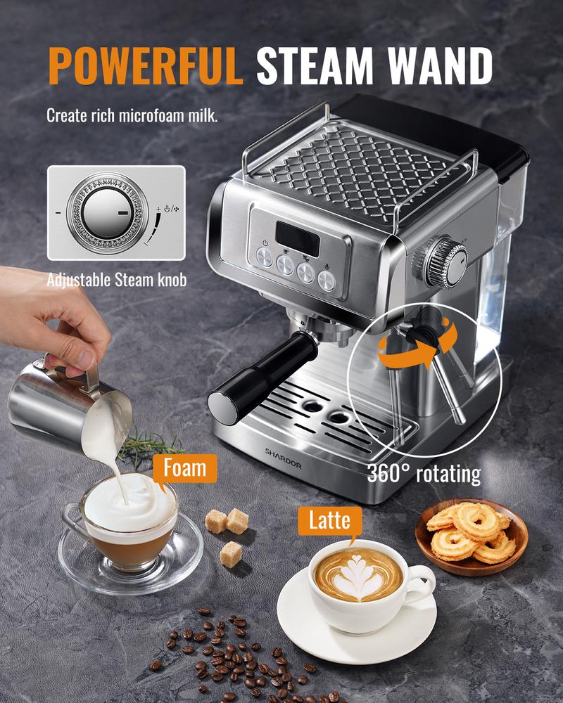 SHARDOR Espresso Machine, 20 bar Expresso Coffee Machines with Milk Frother Steam Wand, Latte & Cappuccino Coffee Maker for Home, 1350W