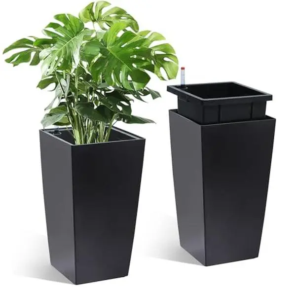 16 in Tall Garden Planter Pots Set of 2, Indoor-Outdoor Black Flower Pots with Drainage Holes, Water Level Monitor, Inner Bucket for Automatic Watering (Ideal for Front Porches)