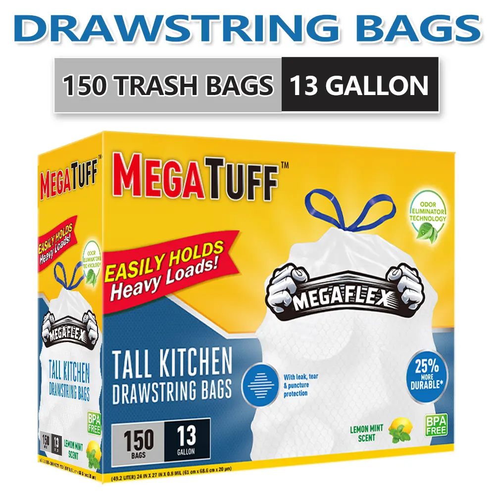 150-Count 13gal Scented Lemon Mint Trashbags, Boxed, Deodorizing Odor Control, Puncture-Resistant, Non-Tear, Easy-Use Drawstring for Kitchen Home Care Supplies,dorm essentials,home essentials