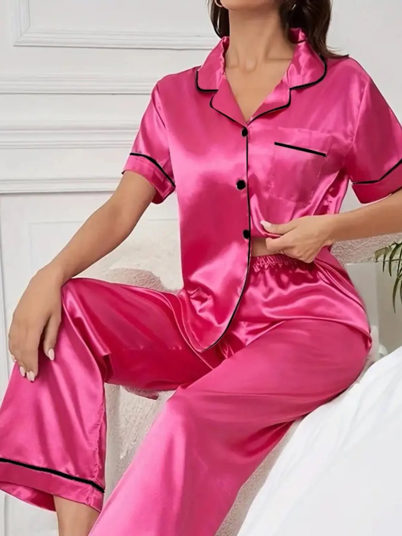 Women's Plain Faux Silk Short Sleeve Button Pajama Set, Fitted Collared Sleepwear, Casual Sleepwear, Loungewear, Long Pants, Comfortable Nightwear for Women, Pyjamas, Pjs, Bottoms, Homewear, Cozy Loungewear Sleepwear