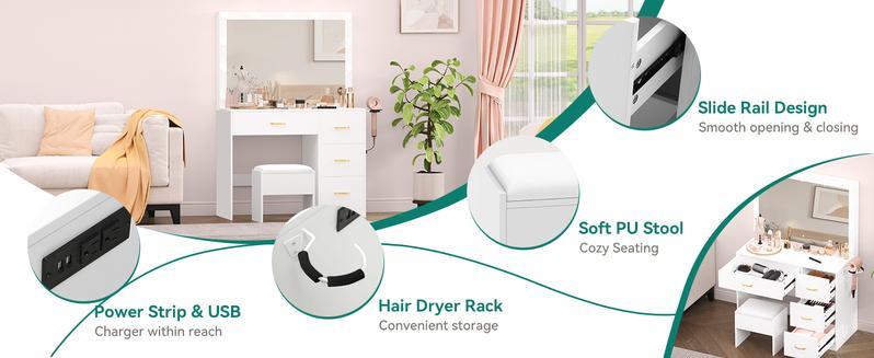 Yitahome Makeup Vanity with Lights and Charging Station, Vanity Mirror with Lights and Table Set, Large Vanity Desk with Storage Shelves, 3 Lighting Colors, White/Black