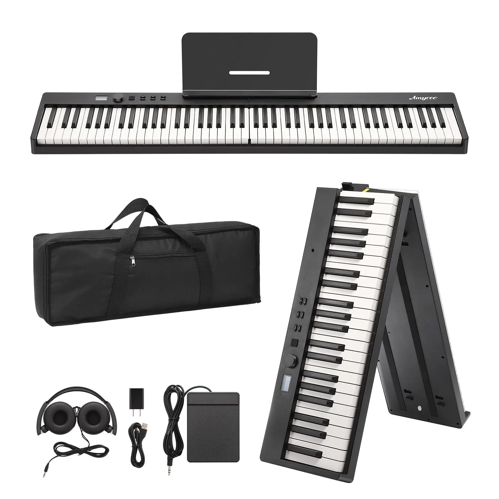 【GARVEE】Folding Full Size 88-Key Semi-Weighted Electric Piano Keyboard with Sustain Pedal, Headphones, Handbag, Bluetooth, USB MIDI - Portable Digital Piano for Beginners and Kids