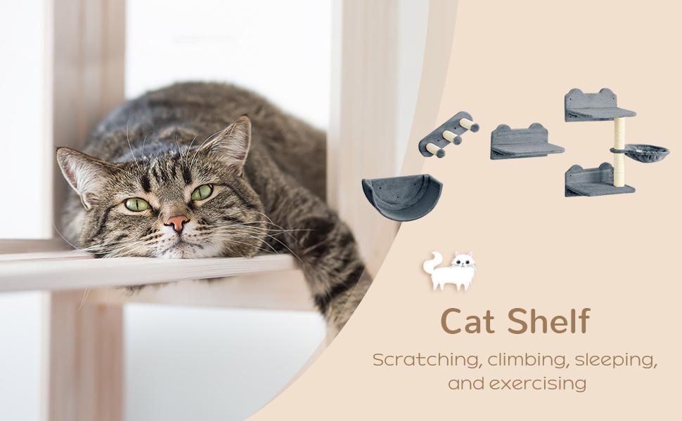 PawHut Cat Wall Shelves, Cat Wall Furniture with Hammock, Scratching Post, Cat Wall Climber for Indoor Cats Kittens, Jumping Platforms for Activity Indoor Cat