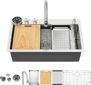 Kichae 33 Drop In Kitchen Sink Waterfall - 33x19 Drop Sink Stainless Steel 16G Single Bowl Waterfall Kitchen Sinks Workstation Handmade with Faucet & Glass Rinser