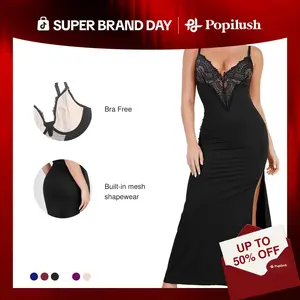 Popilush Lace Built-In Shapewear Maxi Dress Wide-Leg Jumpsuit  Deep V-Neck Tummy Control Party Wear-Women Womenswear--live