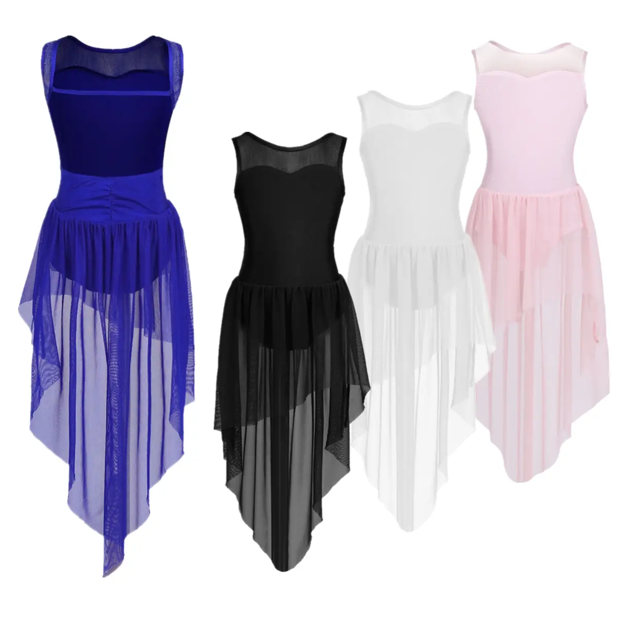 Girls' Sleeveless Backless High-Low Ballet Dance Leotard Dress, Dance Clothes with Backless Freedom, Stretchy 20% Spandex & Tulle High-Low Flow