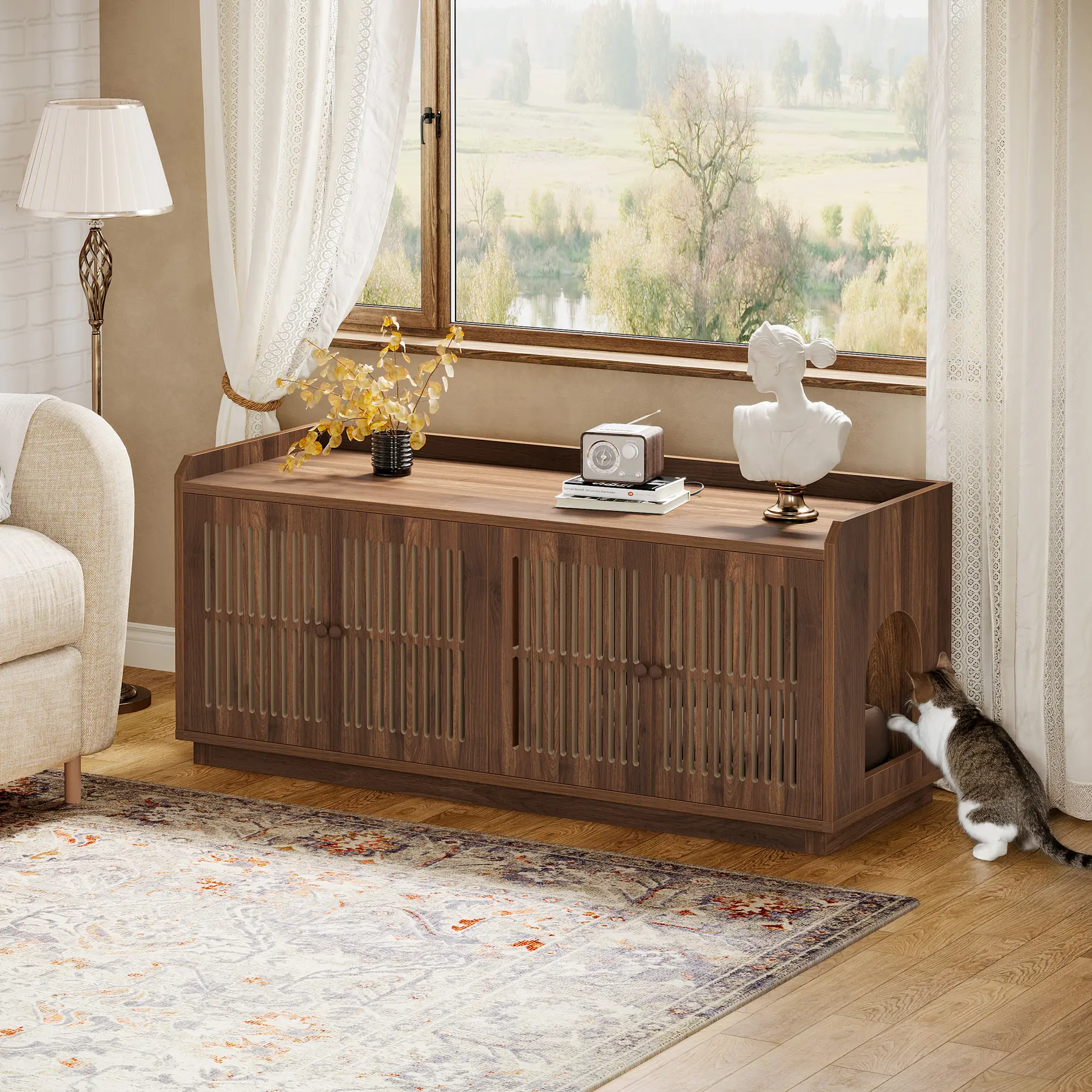 Tribesigns 2 Cats Litter Box Enclosure, 55.1-Inch Extra Large Hidden Litter Box Furniture with 2 Cabinets and Side Entry, Wooden XL Cat Washroom Furniture with Storage for Living Room, Rustic Brown homedecor