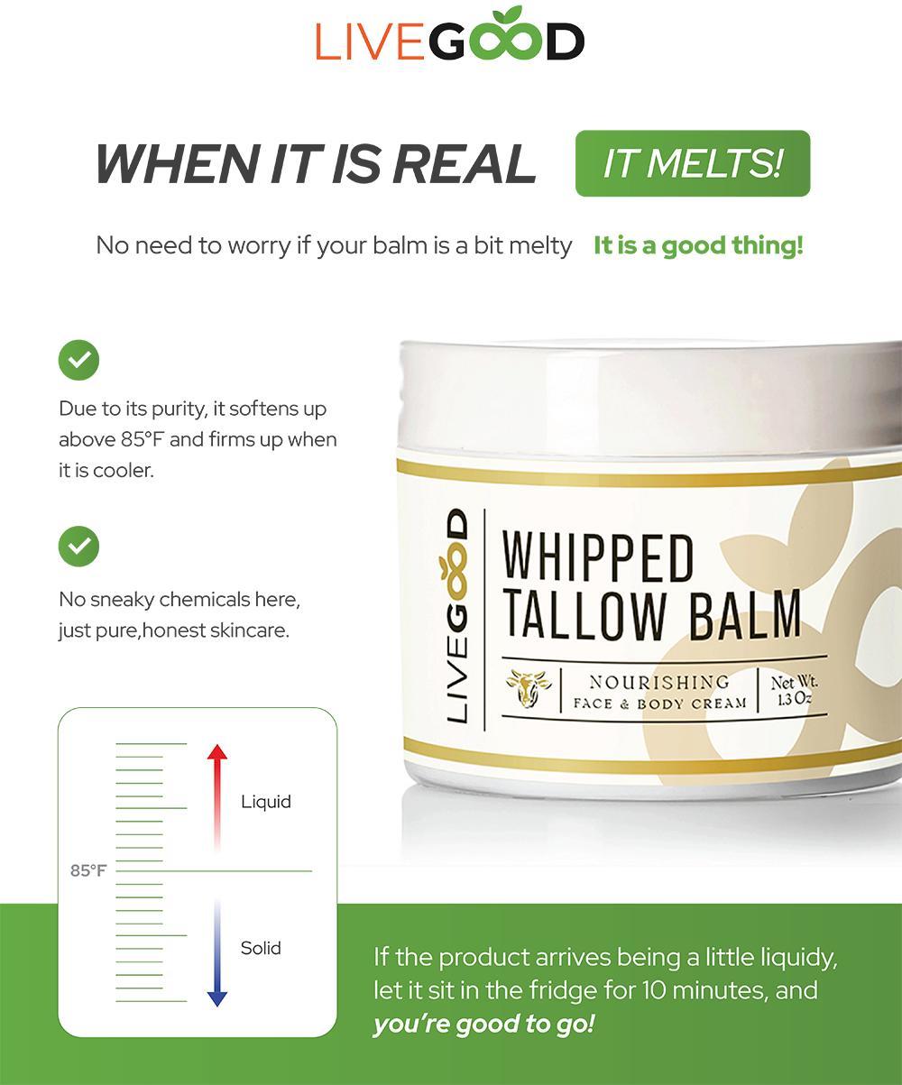 LiveGood Whipped Tallow Balm, Grass Fed Beef Tallow for Skin with Vitamins A, D, E, K, Deeply Moisturizing Beef Tallow Moisturizer for Face and Body Hydration