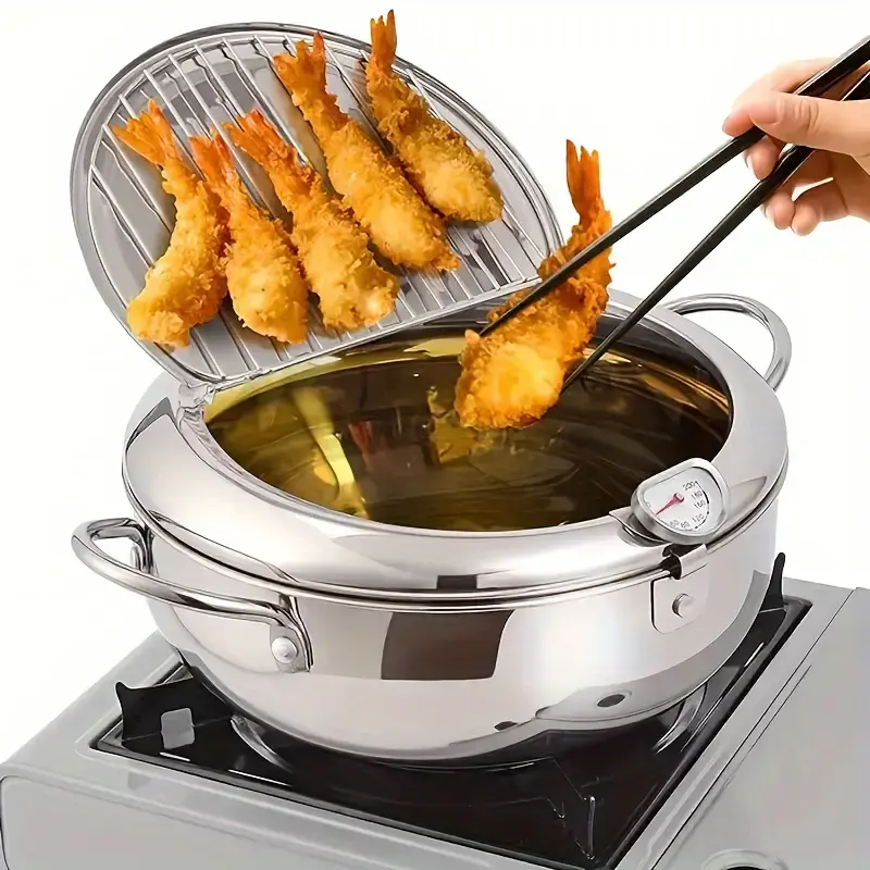Deep Fryer Pot,  Janpanese Style Tempura Frying Pot with Lid, 304 Stainless Steel with Temperature Control and Oil Drip Drainer Rack, for Kitchen French Fries, Chicken etc