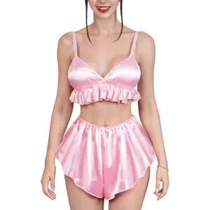 LittleForBig Unisex Silky Satin Frill Ruffled Bralette and Shorts Lingerie Set Soft Strap Loungewear Sissy Doll French Bralette Set for Womenswear