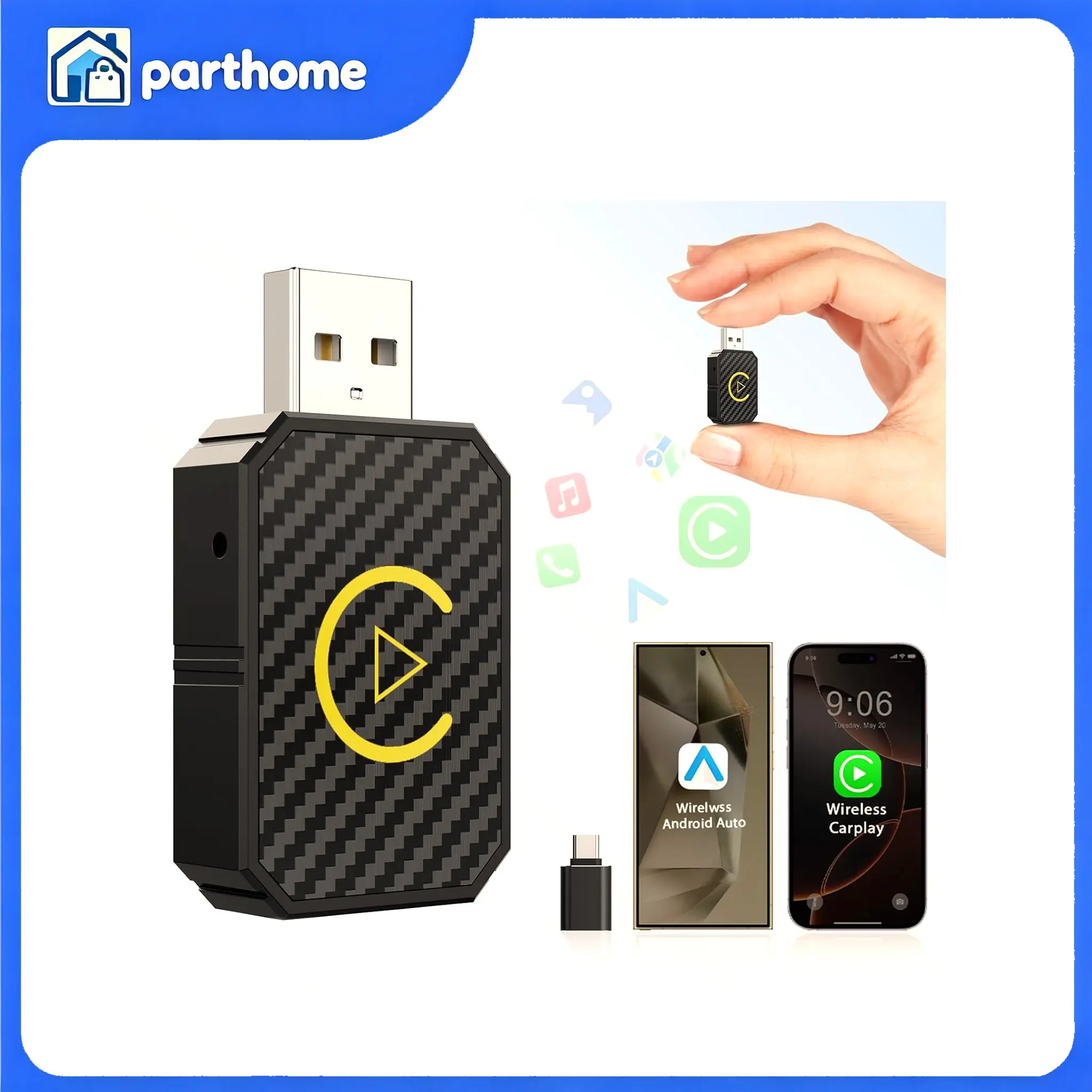 ABS USB Type-C Wireless CarPlay Android Auto Adapter Bluetooth 5.0 WiFi Connection Plug And Play Dongle for Vehicles With Factory Wired CarPlay Fits iOS 10+ Android 11 Auto Phone In-Car Entertainment Accessory