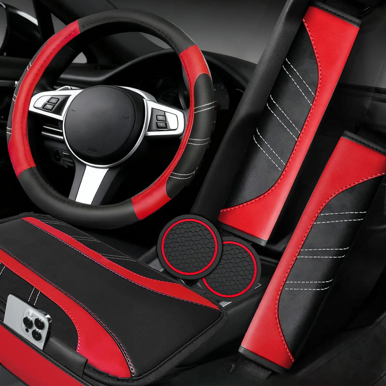 NBTEPEM 6-Pcs Car Interior Kit - 14.5-15in Fit Soft Padded Sides Sport Faux Leather Steering Wheel Cover, Microfiber Leather Center Console Cover, Seat Belt Cushion, Cup-Holder Coaster, Luxury Car Accessories, Steering Wheel Covers